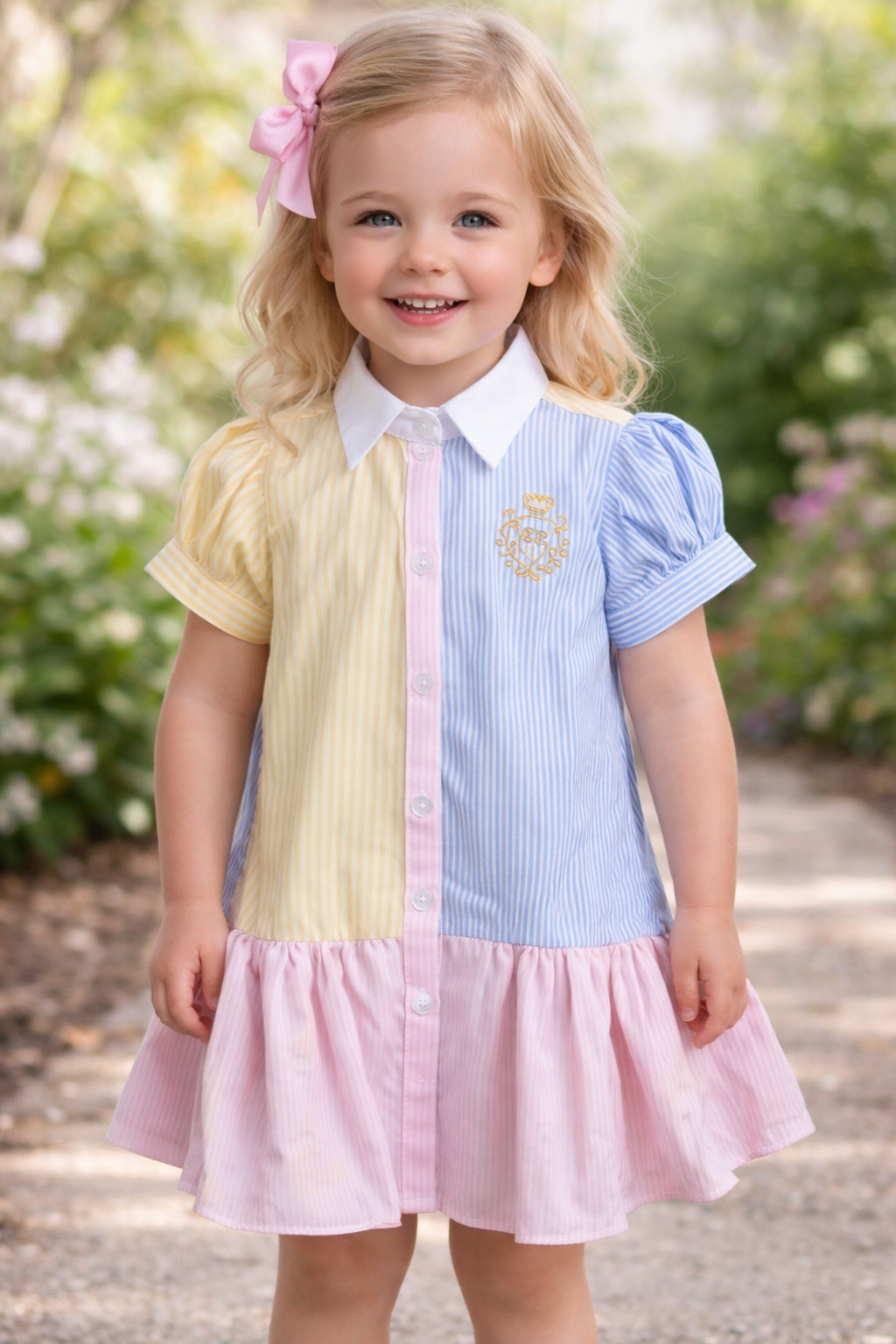 multi-color striped dress with embroidered gold crest for girls 3 to 10 years old