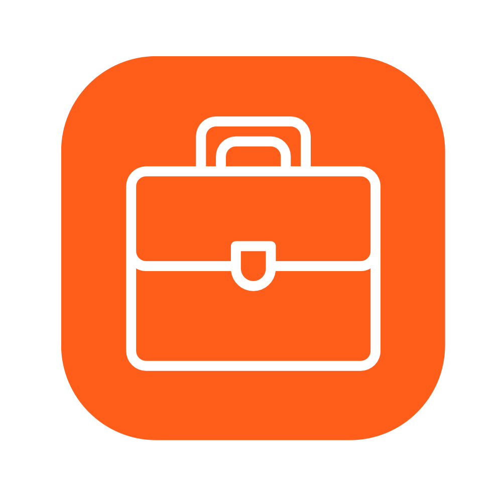 Icon of a briefcase on an orange rounded-square background.