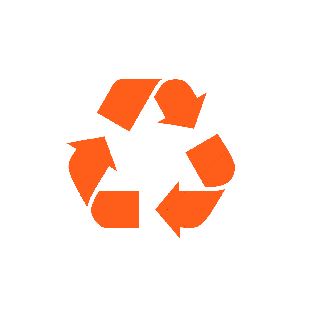 Recycling symbol with an orange color on a black background.
