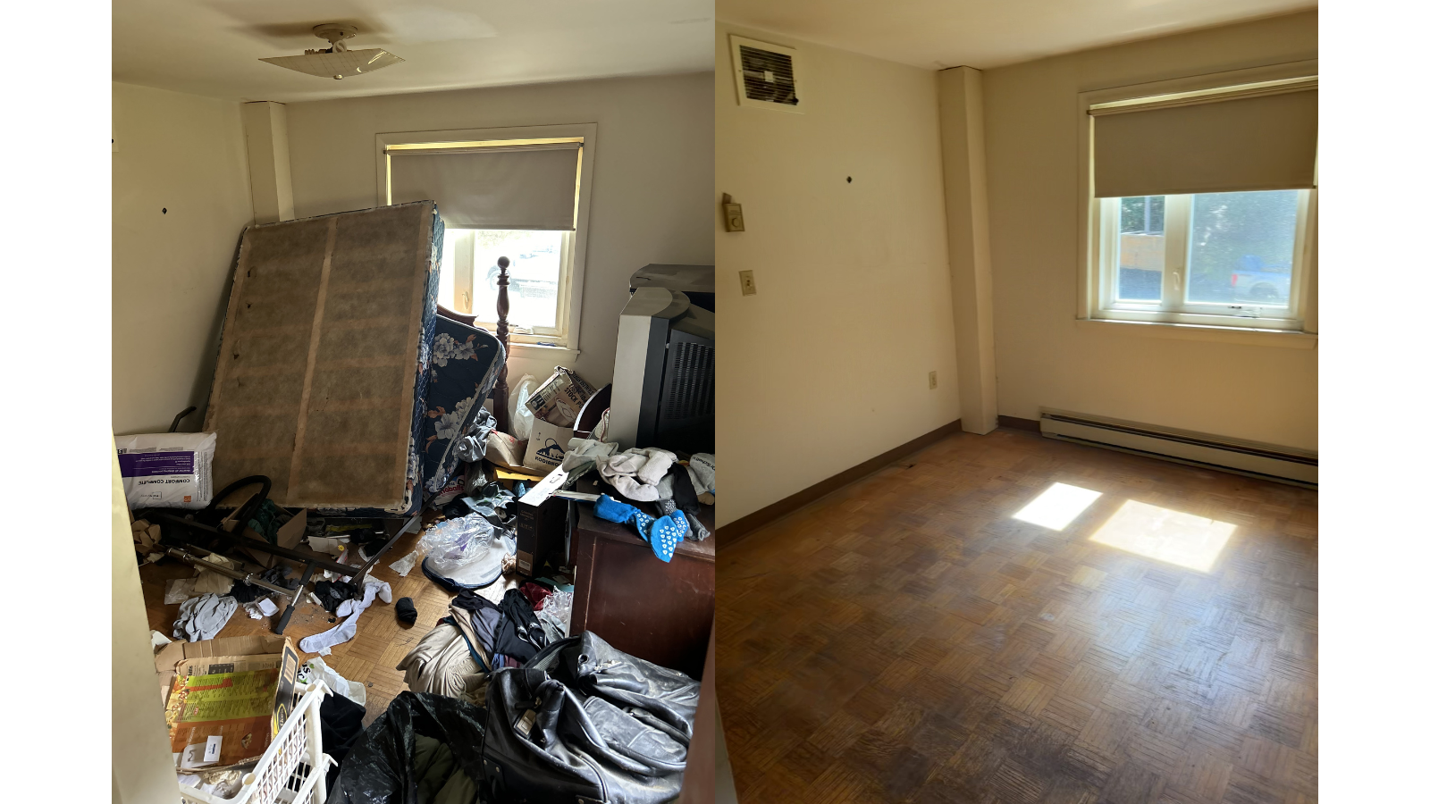 Comparison of two rooms, one cluttered with furniture and trash, the other clean and empty.