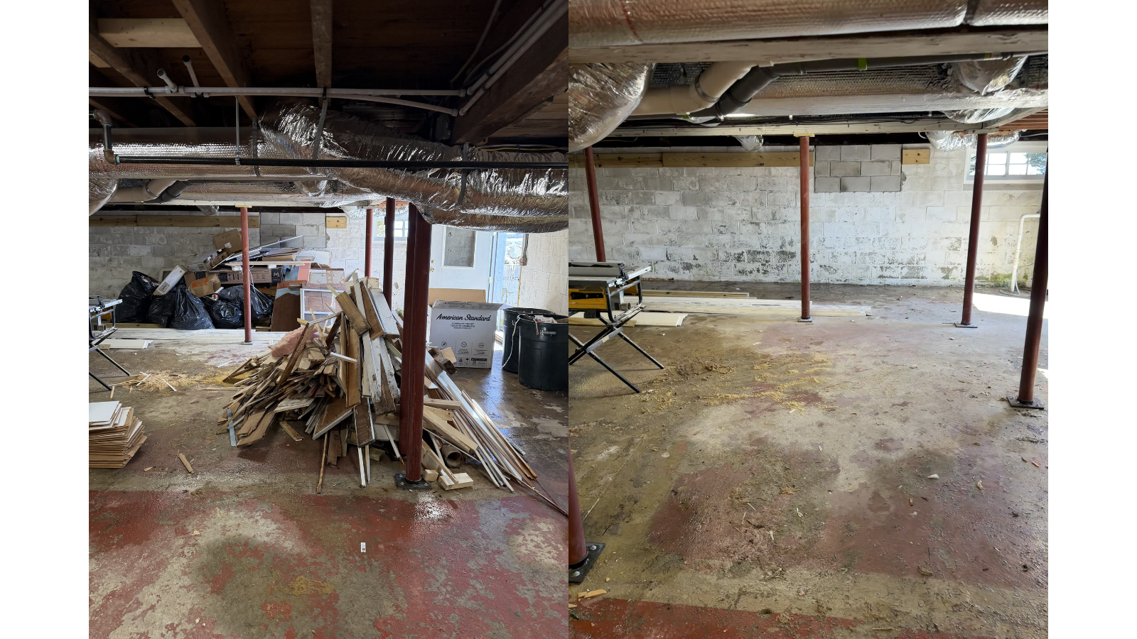 Before and after views of a basement renovation, showing cluttered and messy area on the left, clean and cleared space on the right.