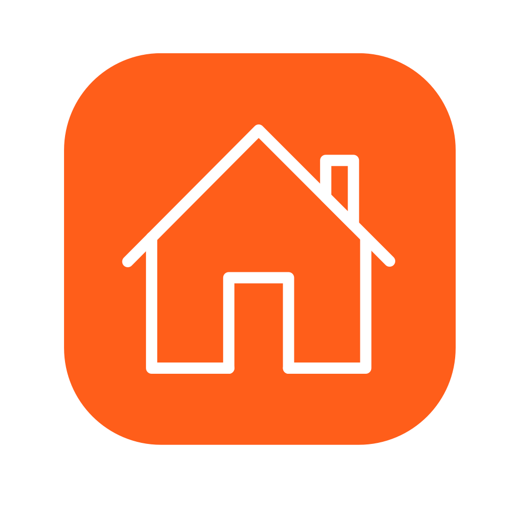 Icon of a house with an orange rounded square background.