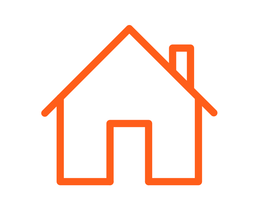 A minimalist outline of a house in orange on a black background.