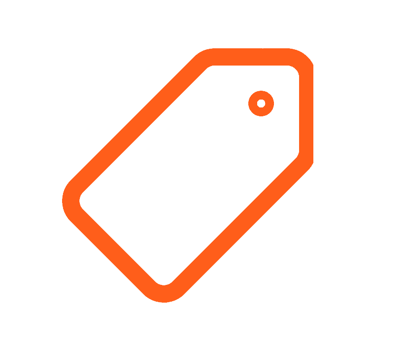 Orange outline icon of a price tag or label on a black background.