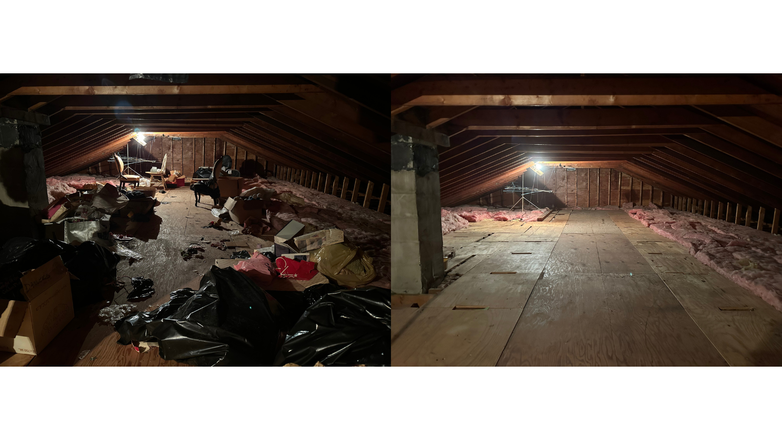 Comparison of an attic before and after cleaning, showing clutter and mess in the left image and a cleared, organized space in the right image.