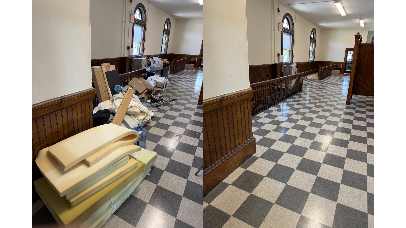 Side-by-side comparison of a hallway with a checkered tile floor; the left side shows clutter and debris, while the right side shows the hallway cleaned and cleared of clutter.