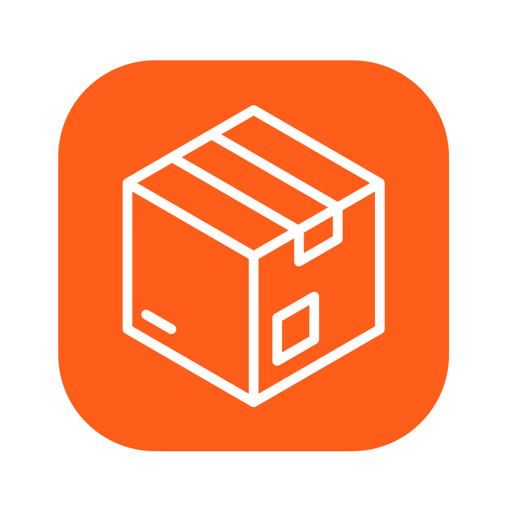 Icon of a cardboard box with tape, on an orange rounded square background.