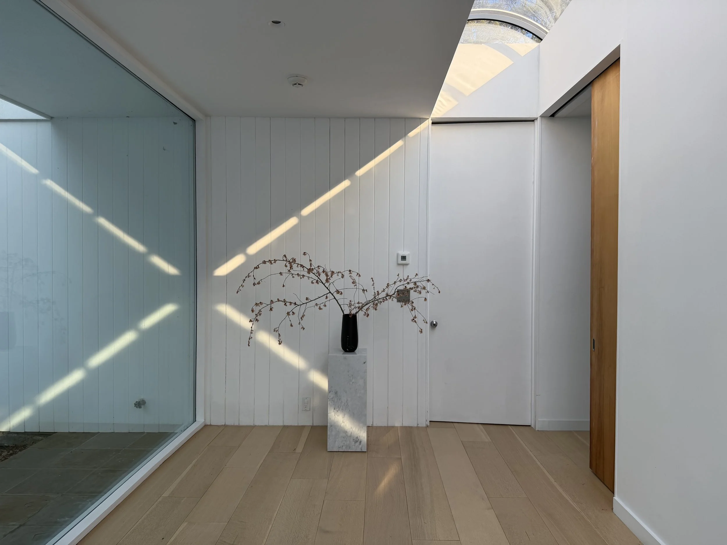 Minimalist interior with white walls, a large glass window, and a potted plant with bare branches in a black vase on a marble pedestal.