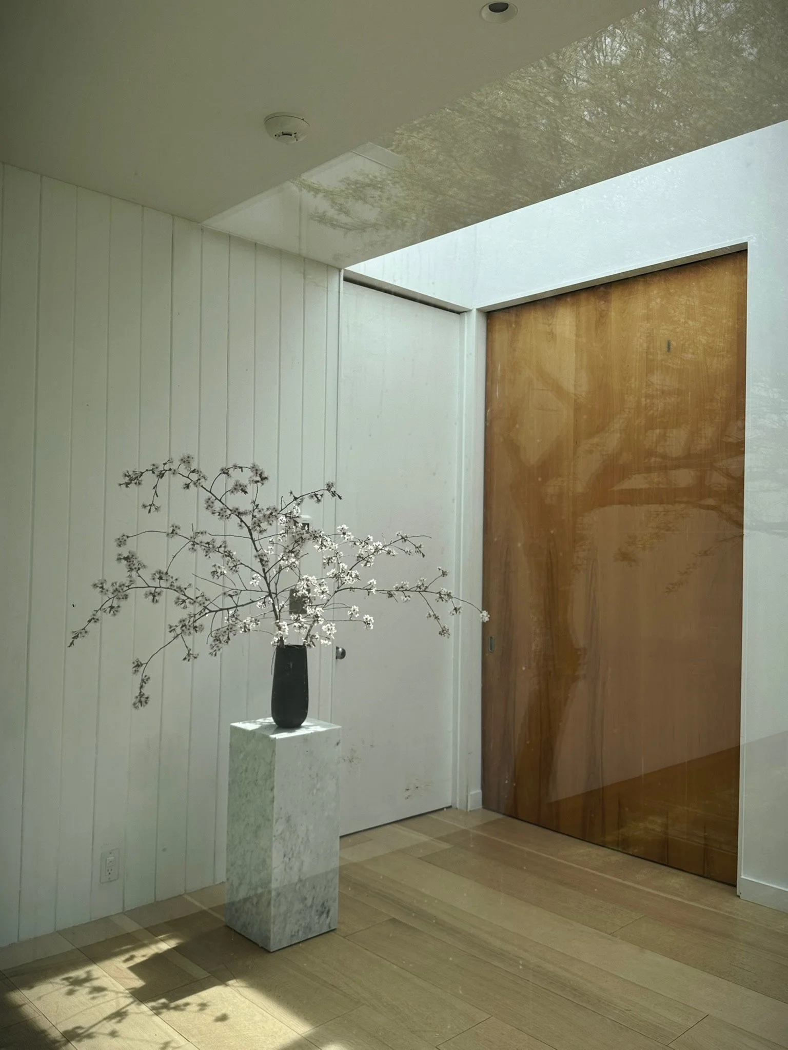 Minimalist interior with a white wall, a wooden sliding door, a marble pedestal, and a black vase with white flowers, illuminated by natural light.