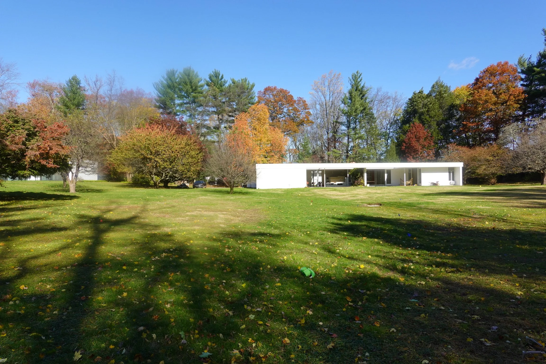 A modern white house with large glass windows and patio, set in a large green lawn with fallen leaves, surrounded by colorful autumn trees, under a clear blue sky.