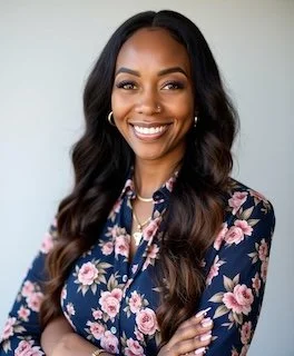 A smiling woman with long dark wavy hair, wearing a navy floral blouse with pink and white flowers, standing against a plain light-colored background.
