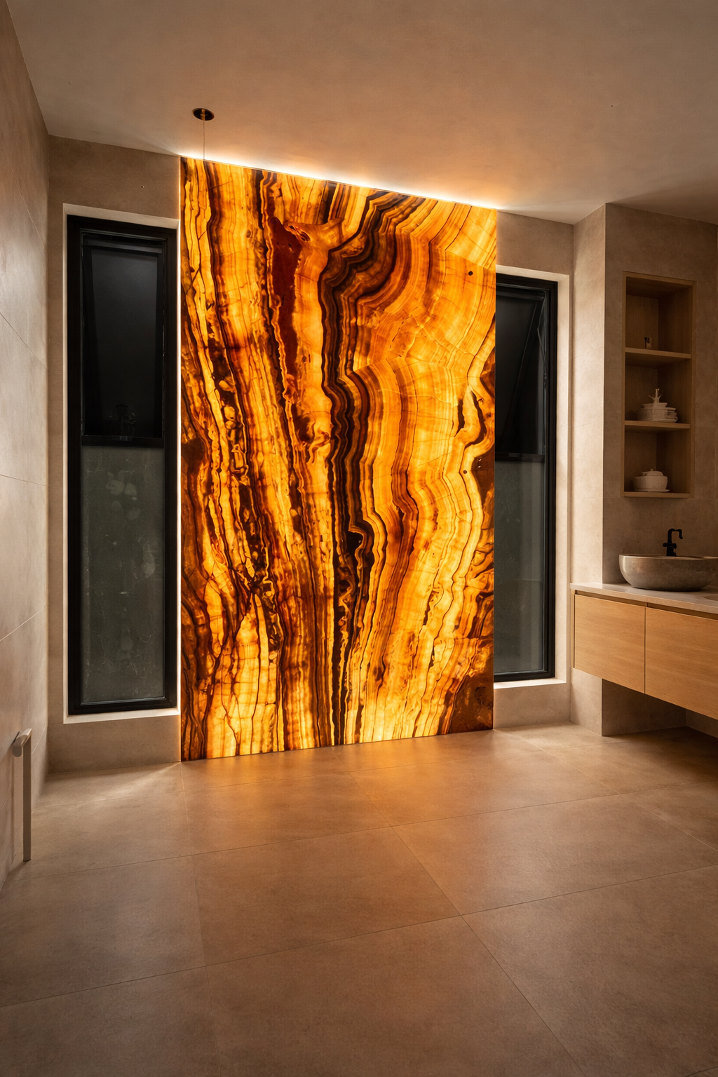 Pared decorativa de piedra ónix iluminada en una habitación moderna, con ventanas y lavabo de diseño minimalista.