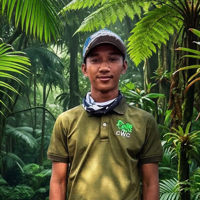 A young man standing in a lush, green tropical rainforest wearing a green polo shirt with the CWC logo, a cap, and a neck gaiter.