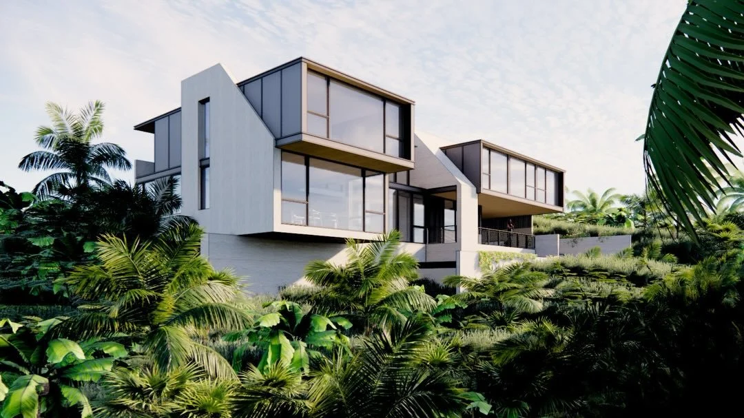 House II | @studiosoldiviero &times; AGS Architecture
Rear elevation views showing the home projecting outward from the hillside. Upper volumes extend beyond the slope to frame views and create shaded terraces below. Renderings shown from the schemat