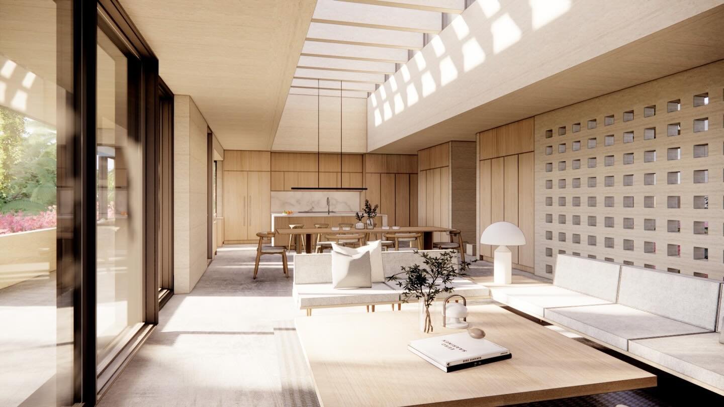 House I | @studiosoldiviero &times; AGS Architecture
The first of three hillside homes. A low, linear interior organizes living, dining, and kitchen spaces along a single axis, opening directly to the landscape. Filtered daylight enters through a rai