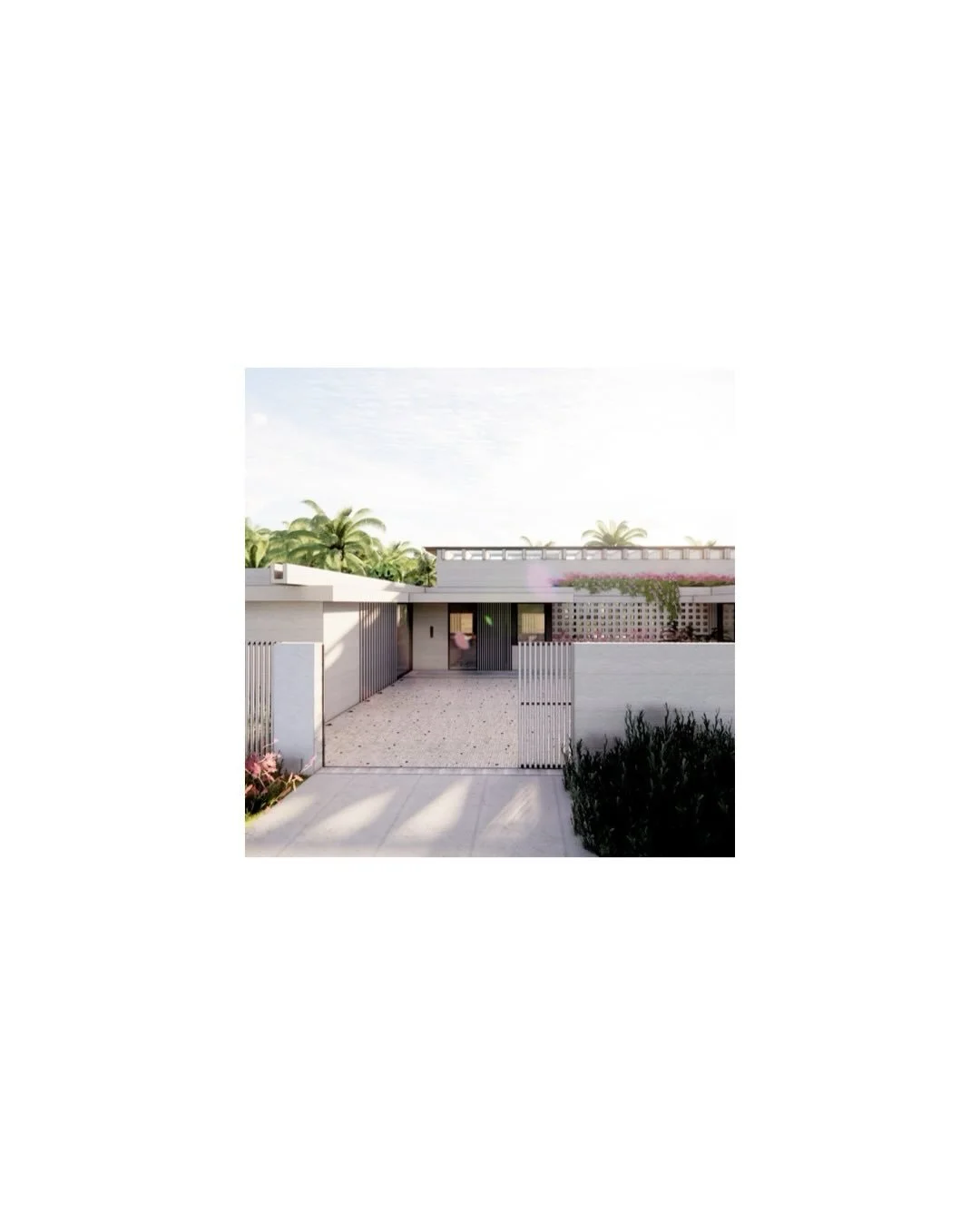 House I | @studiosoldiviero &times; AGS Architecture
Front and rear exterior views of the residence. A low, elongated form presents a controlled street-facing presence, while the rear opens to the landscape through terraces and shaded outdoor spaces.