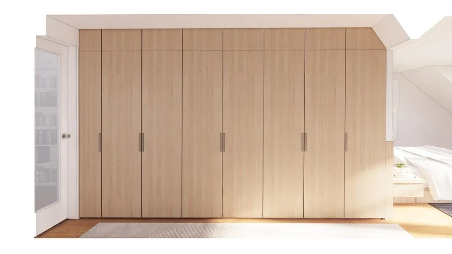 A custom wardrobe designed to nest within an existing hallway leading to the primary suite.
Integrated millwork and sculpted edge detailing allow the storage to read as part of the architecture rather than an inserted element. Renderings from the sch