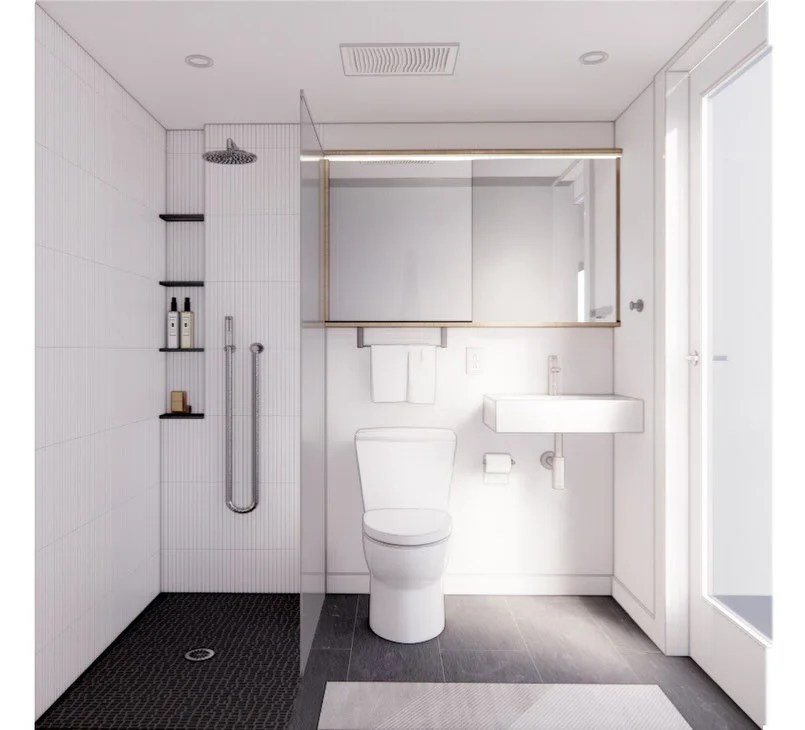 A renovation underway within Provincetown&rsquo;s Historic District. Custom millwork and built-ins shape compact spaces throughout, including renovated bathrooms with custom vanities and integrated medicine cabinets. Renderings shown from the schemat