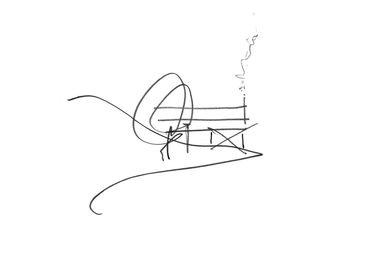 Okemo Mountain House | The project began with a simple premise (span the slope rather than reshape it). Early sketches tested proportion and lift, exploring how a compact volume might touch down sparingly while maintaining structural clarity.

Three-