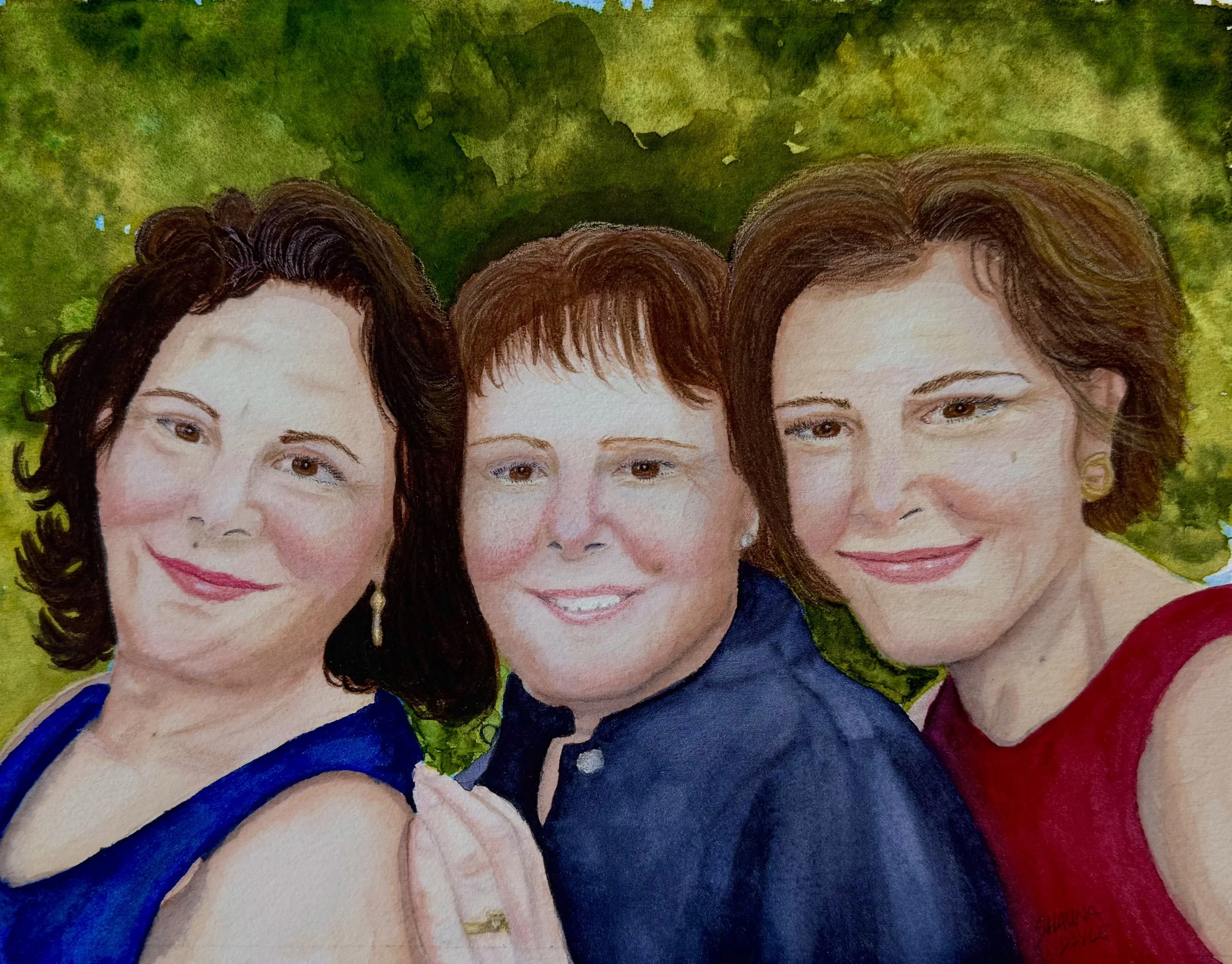 Watercolor portrait of three women smiling outdoors with green foliage background.