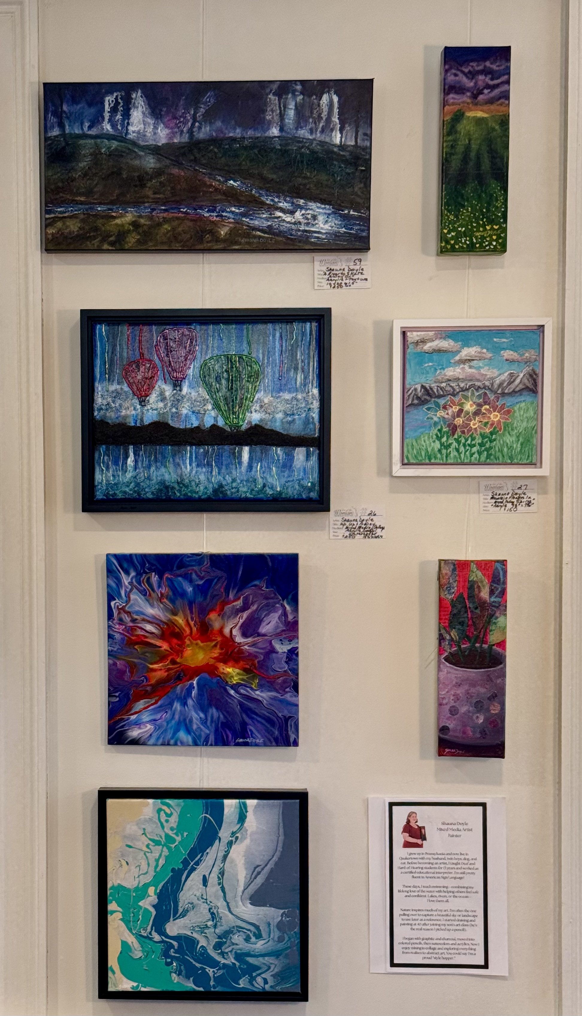 A gallery wall displaying seven colorful paintings and a description plaque at the bottom right corner.