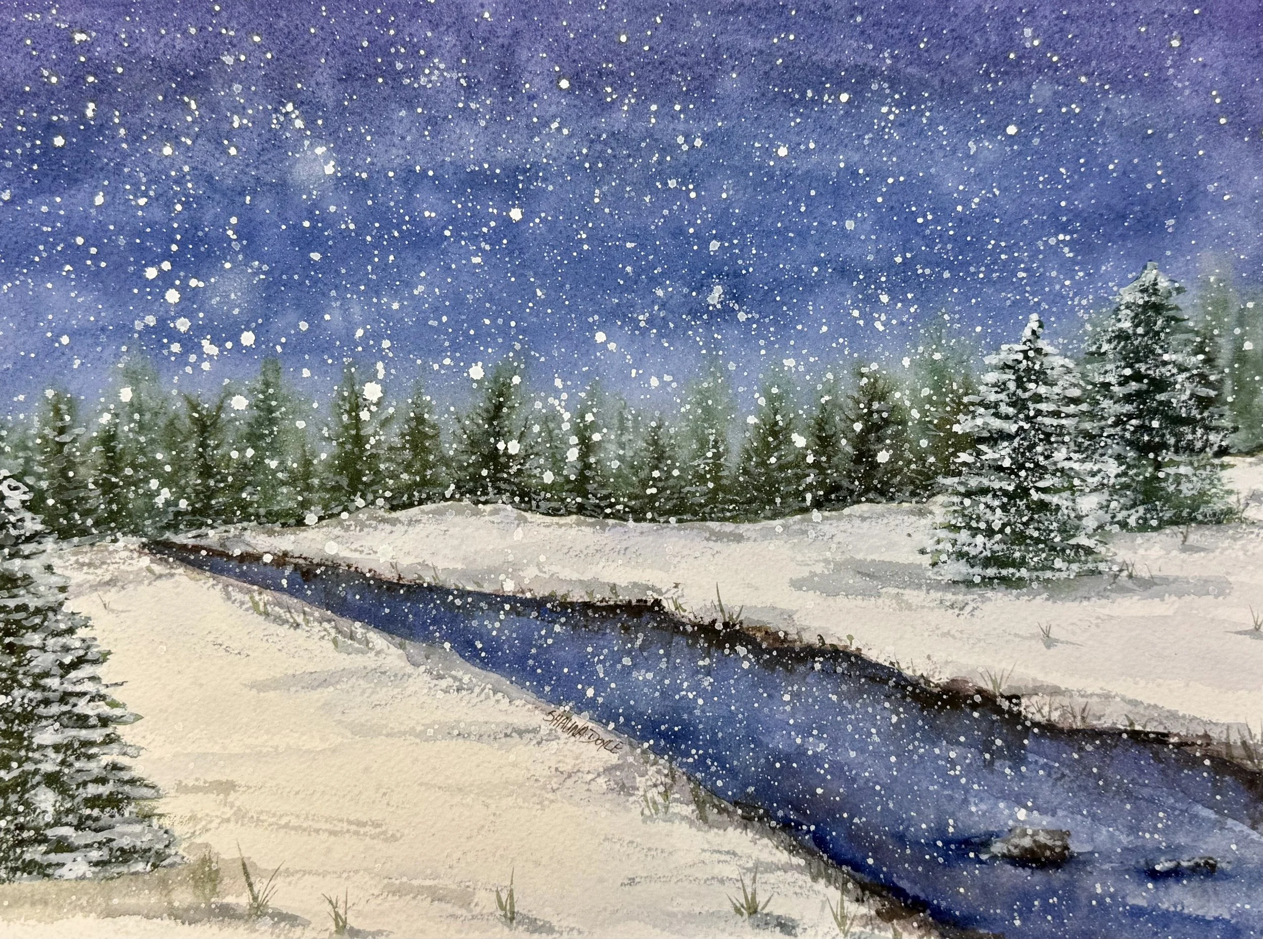 A watercolor painting of a snowy winter landscape at night with snow-covered trees, a dark river flowing through the snow, and a starry sky.