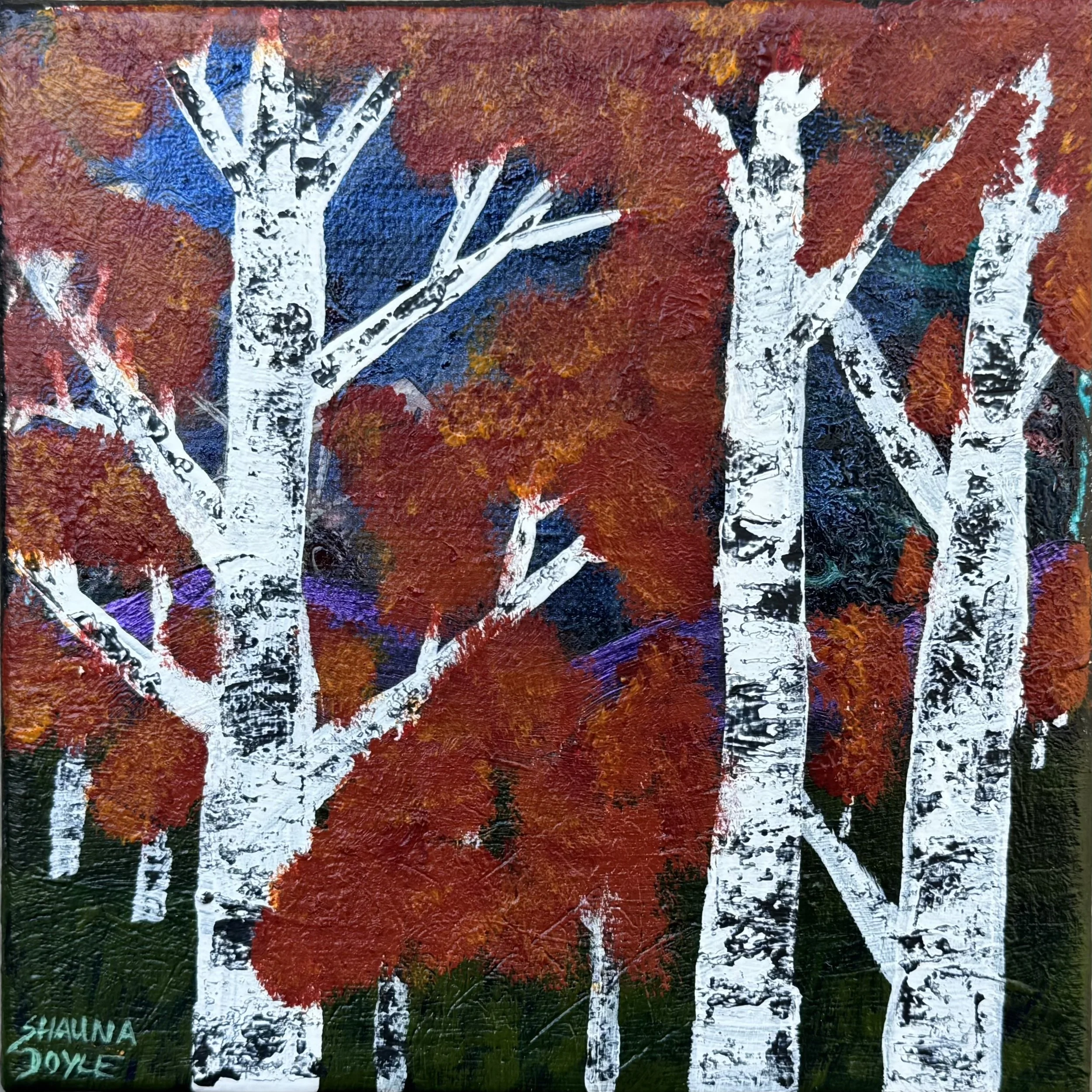 A painting of white birch trees with black marks on their bark, set against a background of vibrant red, orange, and purple foliage, with some green at the bottom.