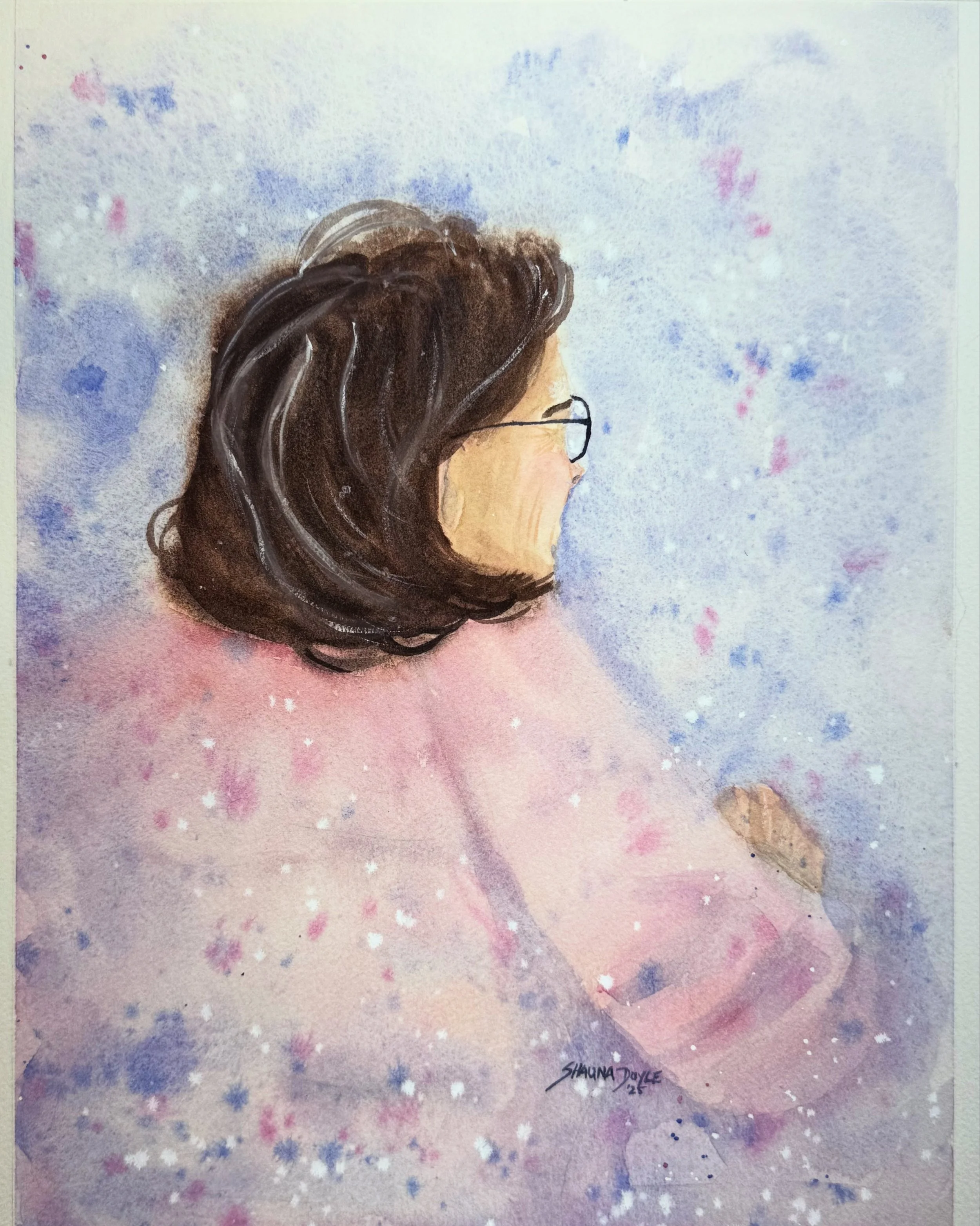 Watercolor painting of a woman with brown hair and glasses, viewed from the side, against a soft, colorful background.