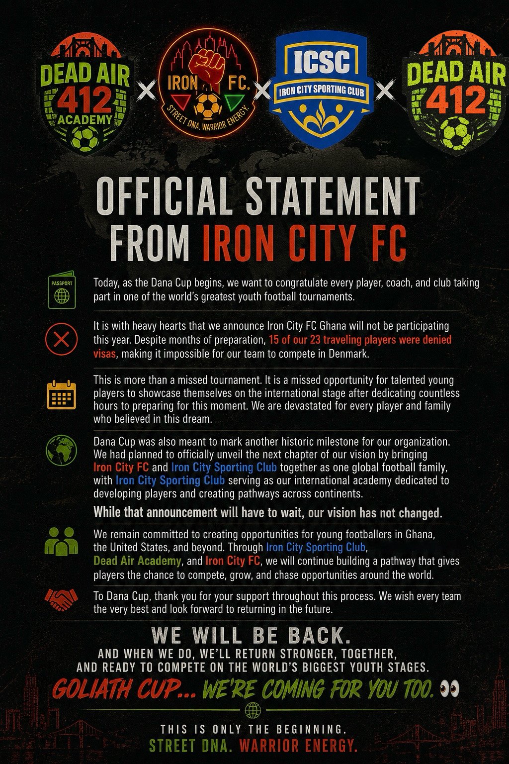 Dream Delayed, Vision Unchanged: Iron City Sporting Club’s Dana Cup Journey Ends Before Kickoff

By Dead Air 412 Staff