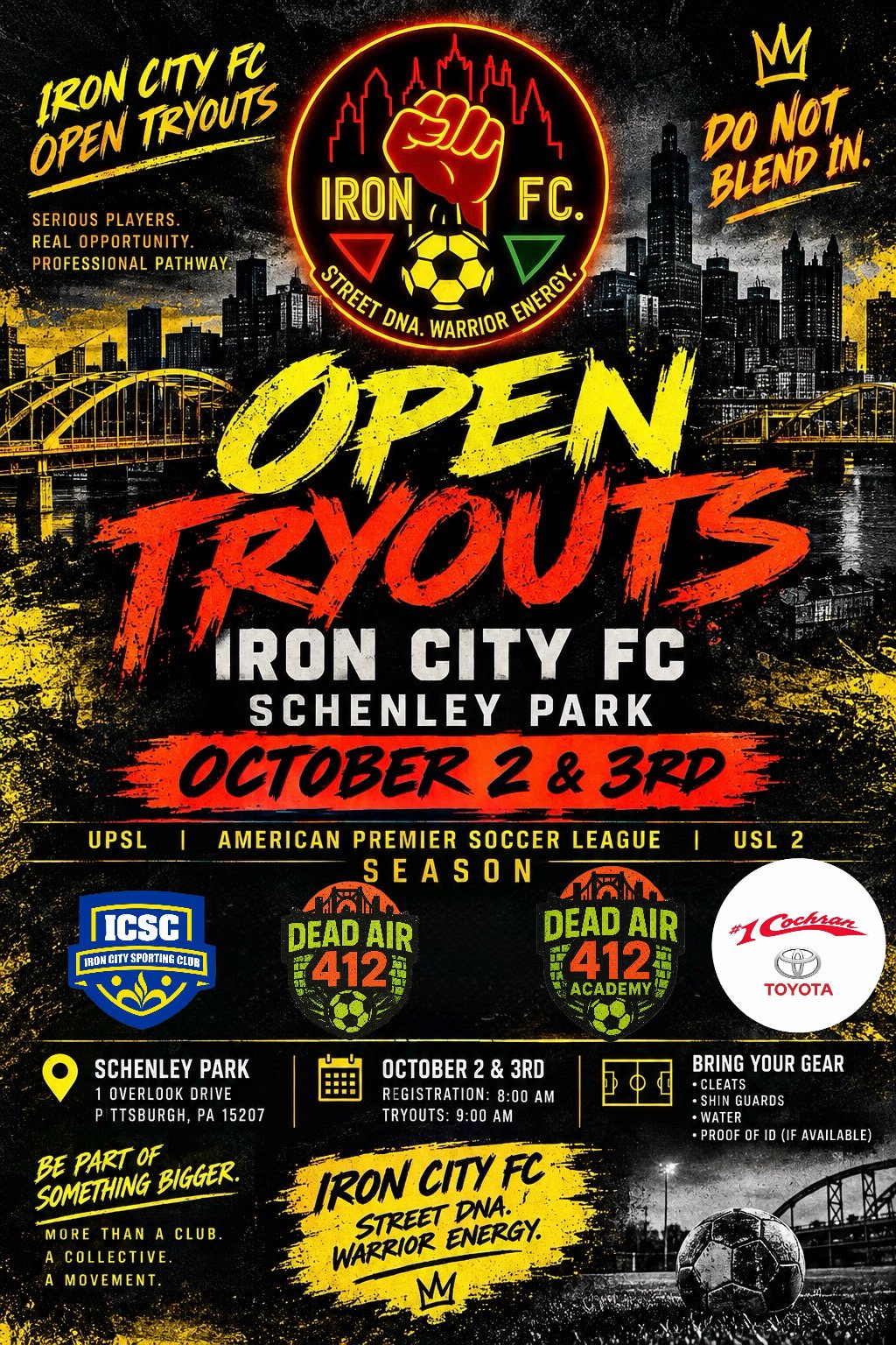 Iron City FC Announces Open Tryouts for October 2 & 3 at Schenley Park