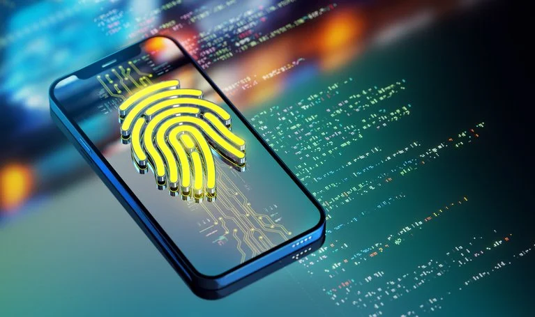 A smartphone with a yellow fingerprint icon and circuit lines on the screen, indicating digital security or biometric authentication, with a background of multicolored digital code.
