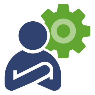 A person icon with crossed arms next to a green gear symbol.
