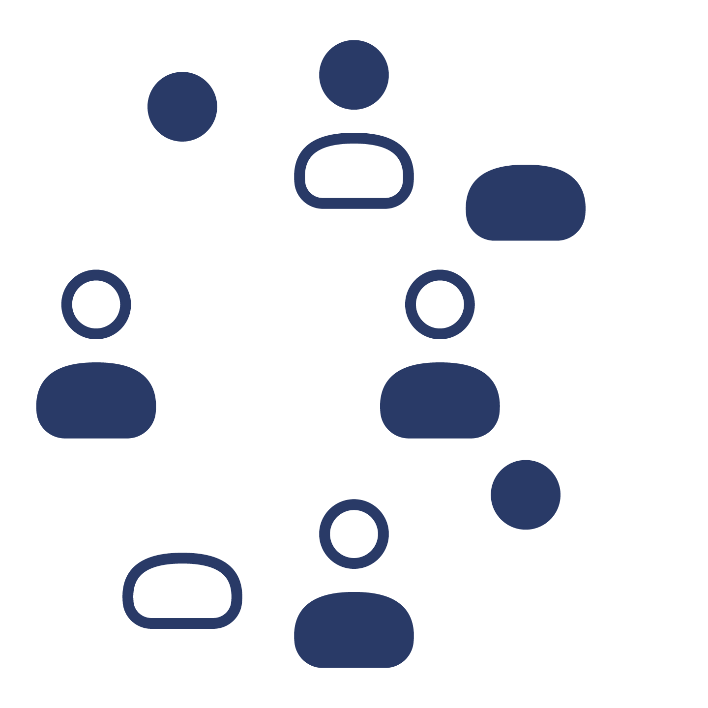 Digital illustration of abstract human figures with circular heads and rounded bodies, some with open outlines, arranged randomly on a black background with navy blue and white colors.