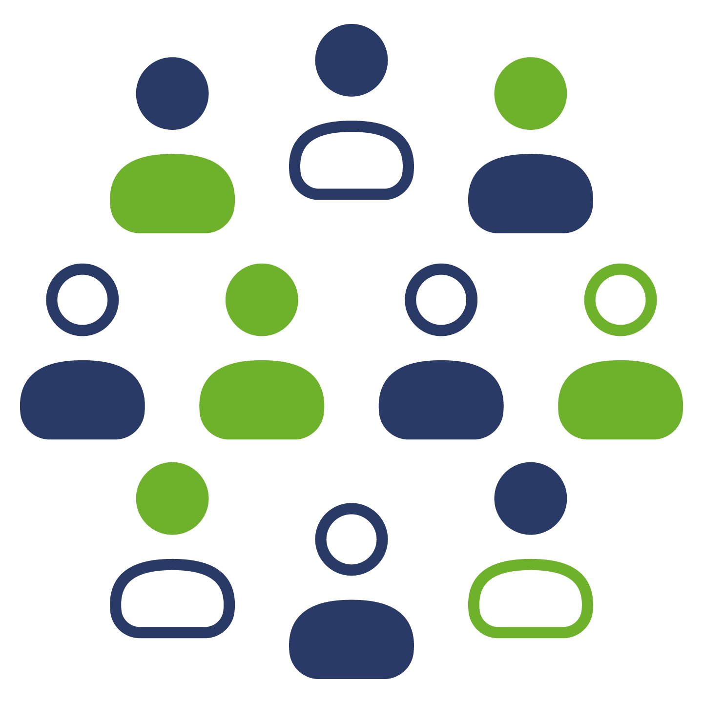 Graphic representation of people using circles and outline figures in blue and green colors.