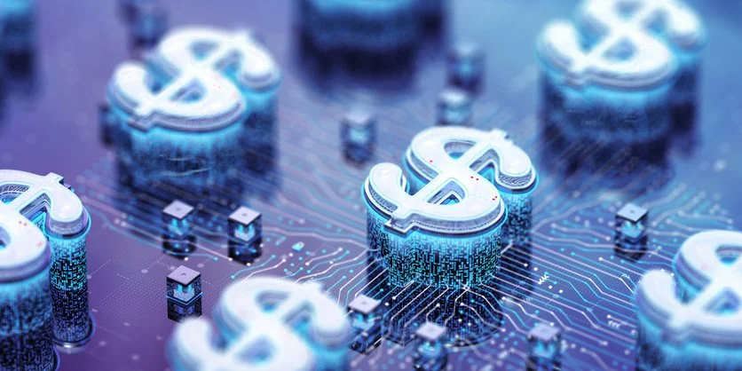 Futuristic digital illustration of dollar signs glowing on a circuit board with microchips.