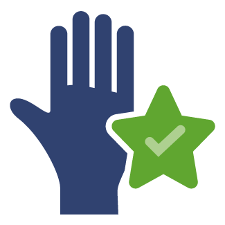 A blue hand with a green star and checkmark.