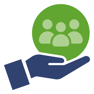 A hand holding a green circle with three stylized people icons inside.
