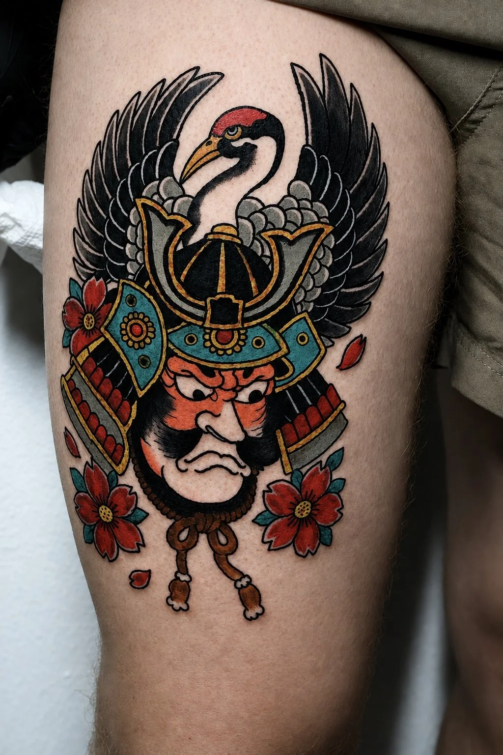 A tattoo of a traditional Japanese warrior wearing a helmet with a crane bird on top, surrounded by red flowers.
