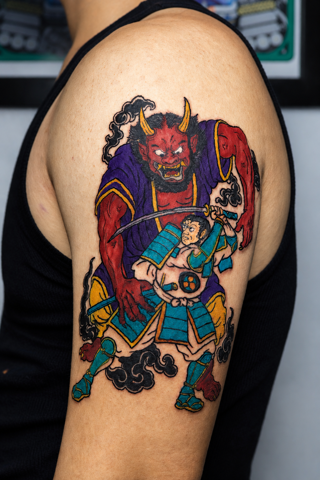 Colorful tattoo of a red demon with horns and a fierce expression holding a sword, attacking a muscular man in traditional clothing. Black clouds surround the figures.