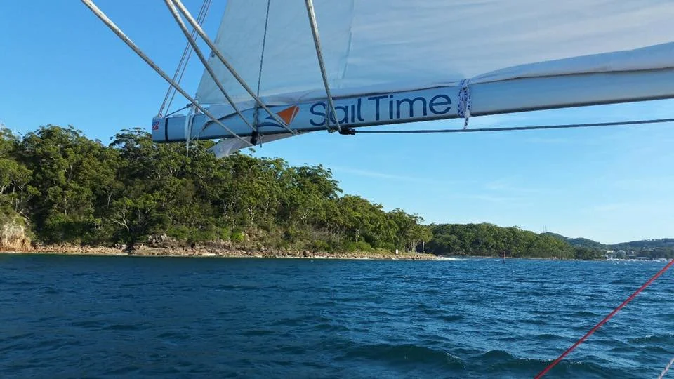 View from a sailboat showing the sail, water, and a tree-covered shoreline under a blue sky.