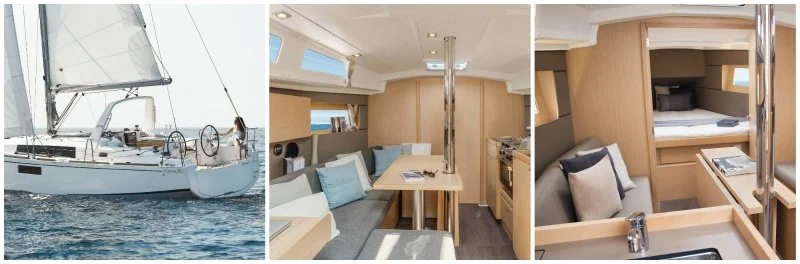 Three images: a sailboat on the water, the interior of a boat with a sitting area, and a small sleeping cabin with a bed and a chair.