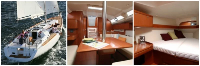 A sailboat sailing on the water, a boat interior with a dining area, and a bedroom with a bed and pillows.