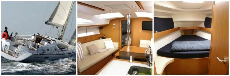 A collage of three images: one showing a sailboat on the water, the second showing the interior of a boat with a seating area and dining table, and the third showing a cozy bedroom with a bed and storage space.