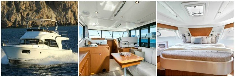 A yacht on the water, a yacht interior with seating and dining area, and a yacht bedroom with a large bed and windows.