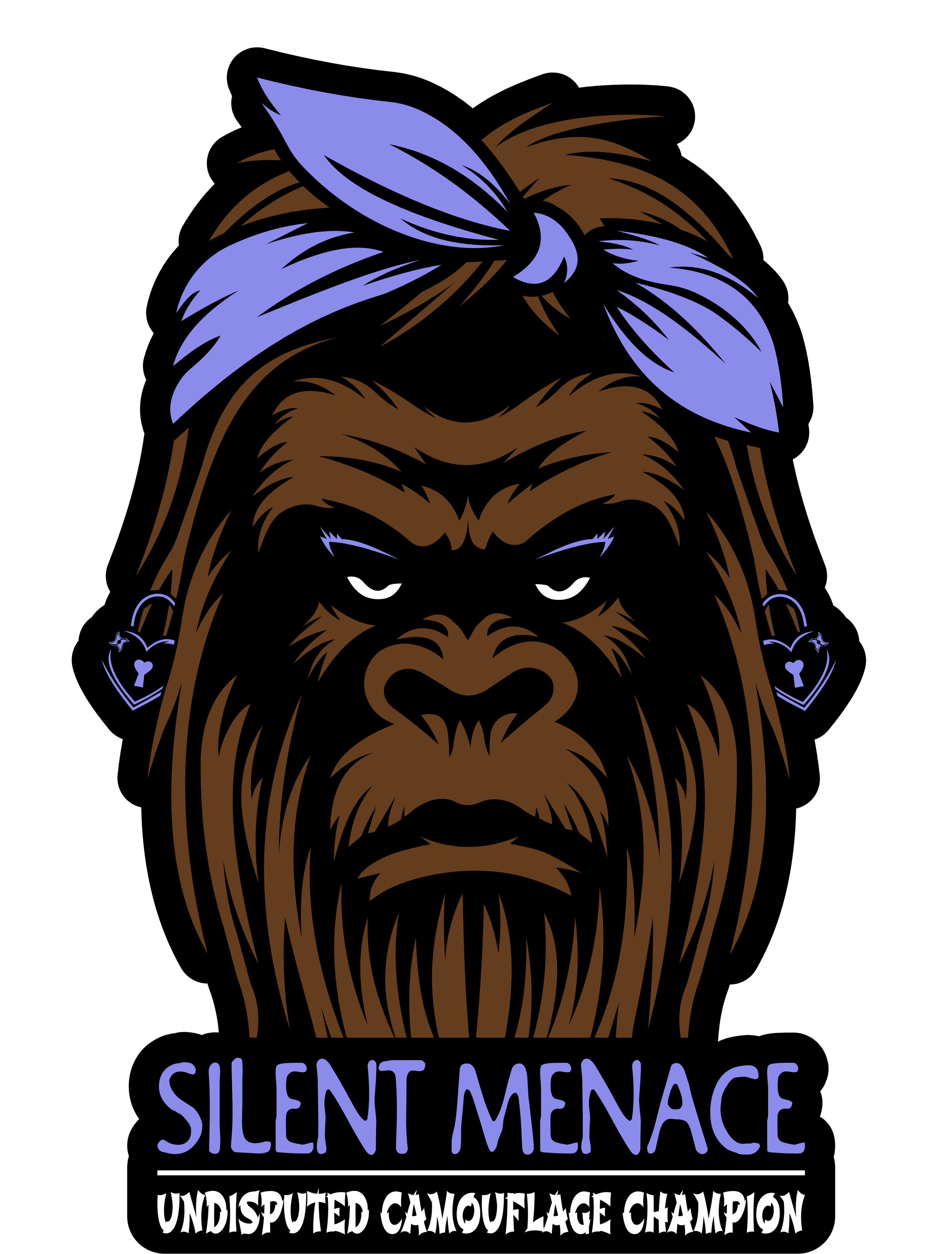 Stylized illustration of a lion's face with a purple bandana and earrings, with text that reads 'Silent Menace: Undisputed Camouflage Champion'.