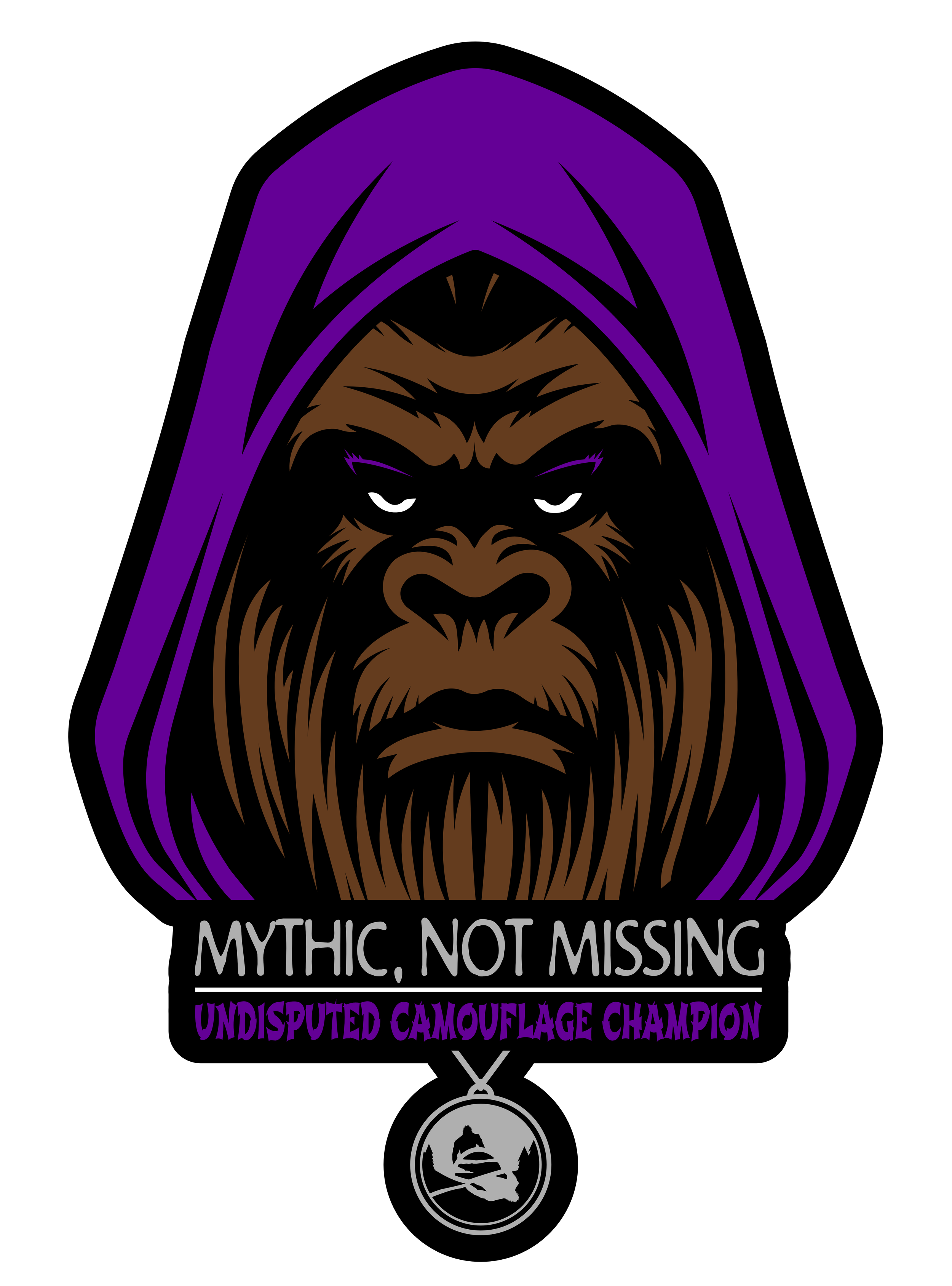 Illustration of a gorilla wearing a purple hooded cloak with the text 'Mythic, Not Missing' and 'Undisputed Camouflage Champion' beneath it. There is a silver medallion hanging from the gorilla's neck.