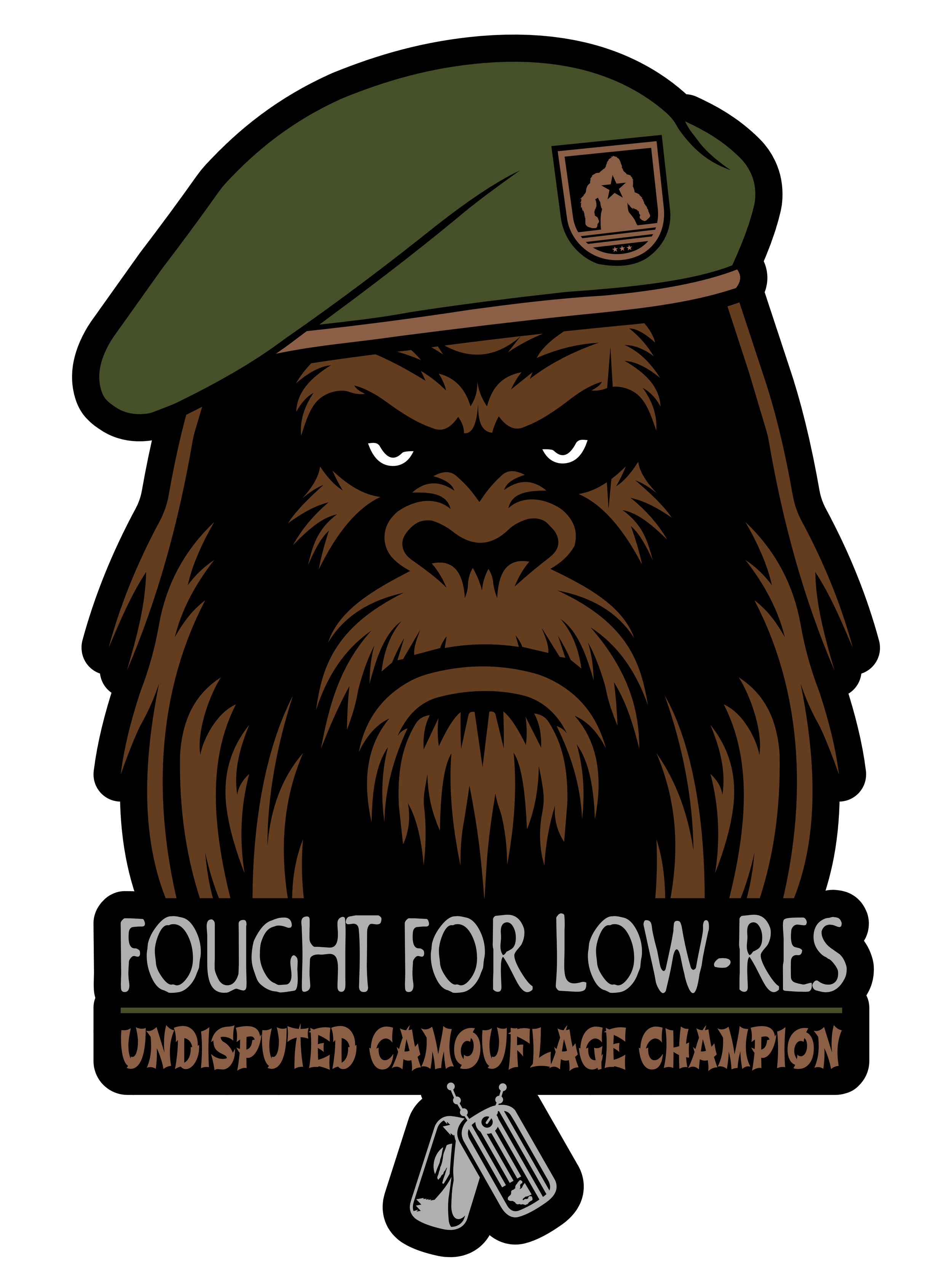 Illustration of a bear with an angry expression wearing a military hat with a camouflage patch, with the text 'Fought for Low-Res, Undisputed Camouflage Champion' and a dog tag below.