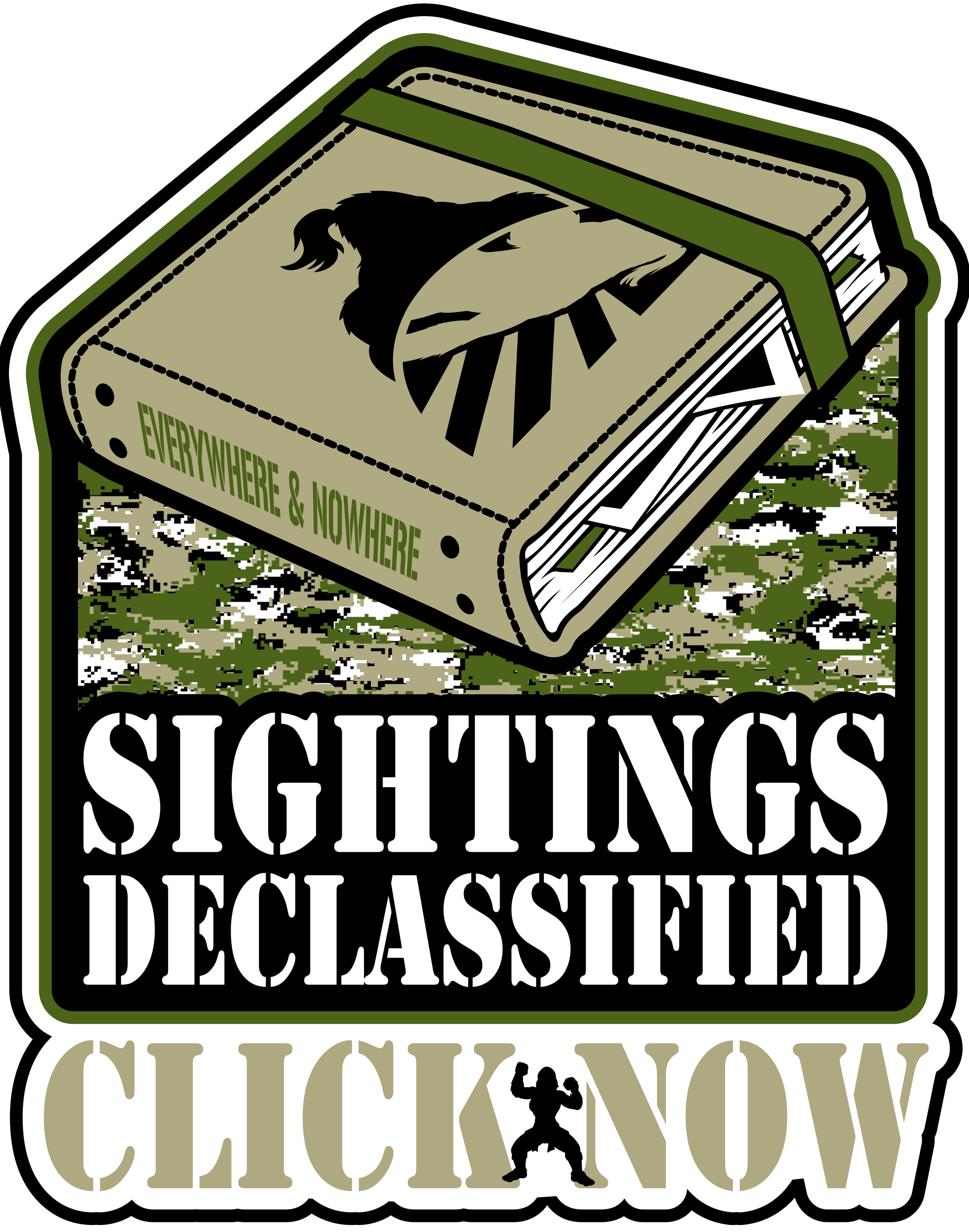 A logo with a closed book featuring a horse's head and clock face on the cover. The book has green and black accents, and the word "EVERYWHERE & NOWHERE" on the spine. Below, bold text says "SIGHTINGS DECLASSIFIED CLICK NOW" with a silhouette of a muscular figure underneath.