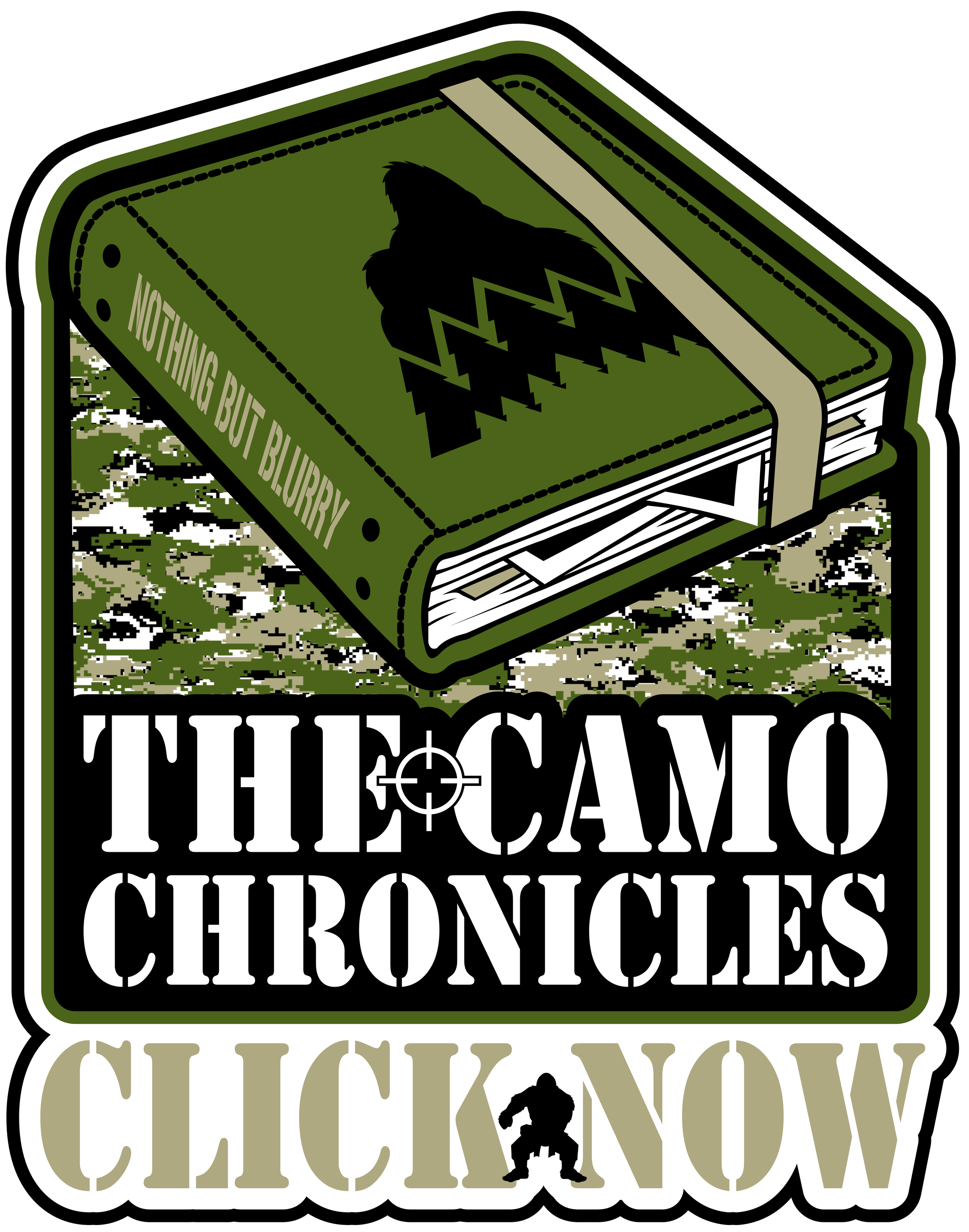 A graphic design featuring a green book with a black Bear logo and the phrase "Nothing But Blurry" on the cover, over a camouflage background. Below, the text says "The Camo Chronicles Click Now" with a small silhouette of a creature on the letter "W."
