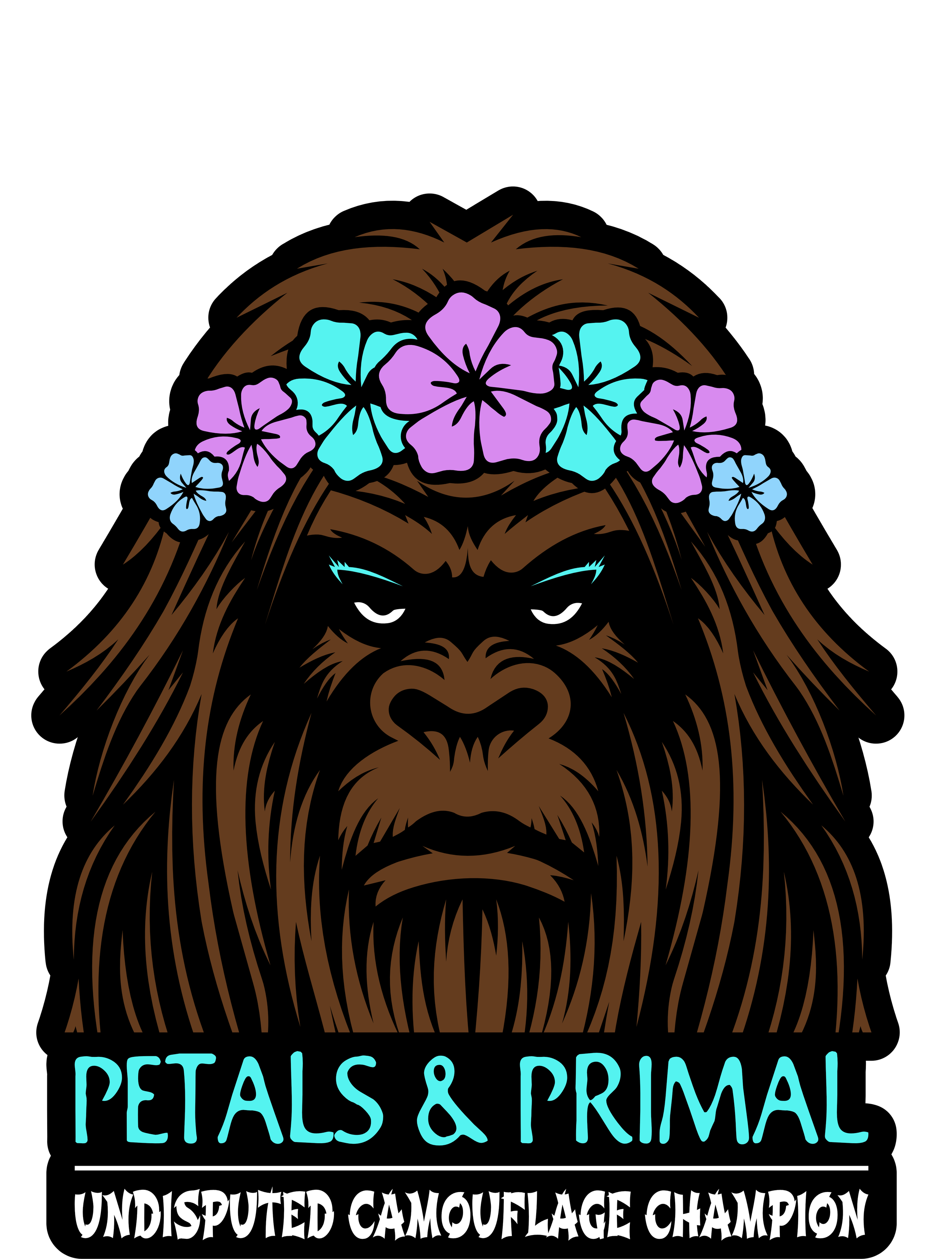 Illustration of a gorilla face with a flower crown of purple, blue, and lavender flowers, and text reading 'Petals & Primal Undisputed Camouflage Champion'.